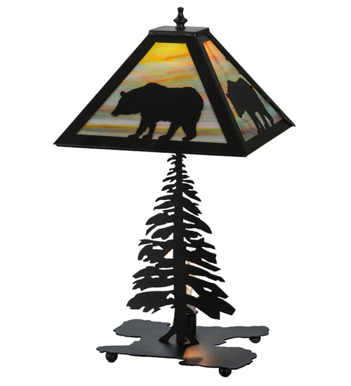 Meyda Lighting Lone Bear 22" 2-Light Textured Black Table Lamp With Jade Purple Art Shade Glass