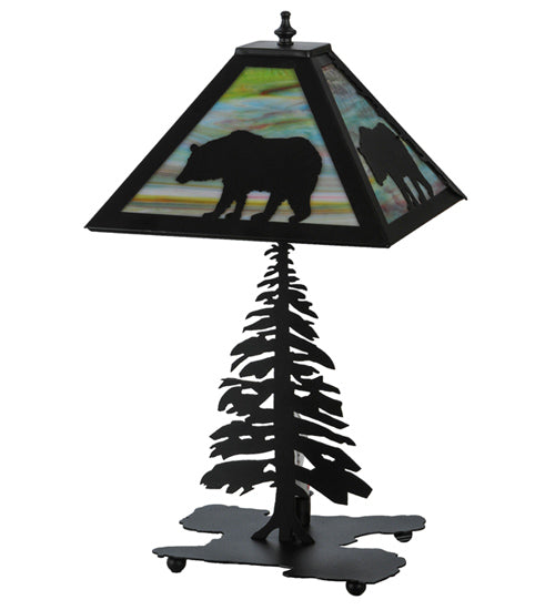 Meyda Lighting Lone Bear 22" 2-Light Textured Black Table Lamp With Jade Purple Art Shade Glass