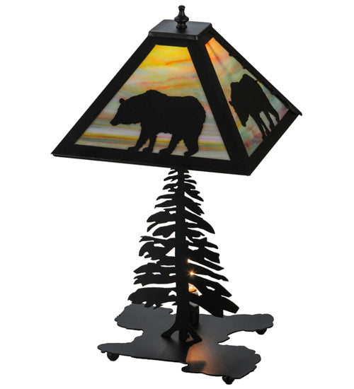 Meyda Lighting Lone Bear 22" 2-Light Textured Black Table Lamp With Jade Purple Art Shade Glass