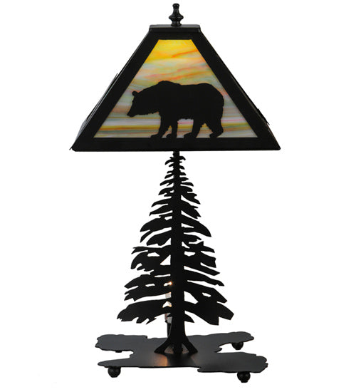 Meyda Lighting Lone Bear 22" 2-Light Textured Black Table Lamp With Jade Purple Art Shade Glass