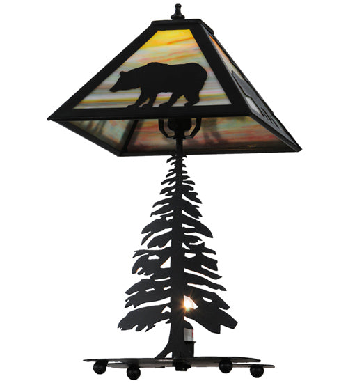 Meyda Lighting Lone Bear 22" 2-Light Textured Black Table Lamp With Jade Purple Art Shade Glass