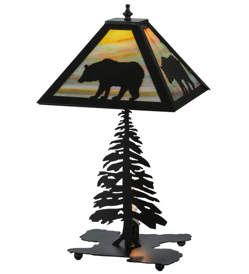 Meyda Lighting Lone Bear 22" 2-Light Textured Black Table Lamp With Jade Purple Art Shade Glass