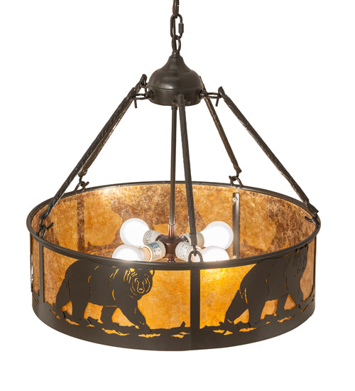 Meyda Lighting Lone Bear 22" 4-Light Timeless Bronze Inverted Pendant Light With Amber Mica Shade Glass