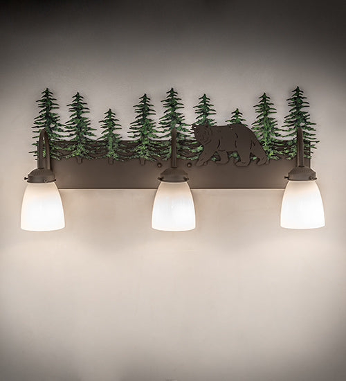 Meyda Lighting Lone Bear 27" 3-Light Timeless Bronze & Green Trees Wall Sconce With White Opal Shade Glass