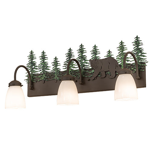 Meyda Lighting Lone Bear 27" 3-Light Timeless Bronze & Green Trees Wall Sconce With White Opal Shade Glass