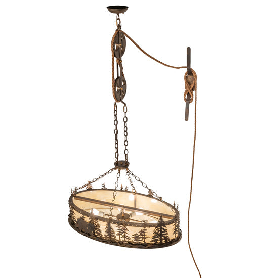 Meyda Lighting Lone Bear 36" 6-Light Dark Burnished Antique Copper Bartlett Inverted Pendant Light With Sahara Taupe Idalight Shade