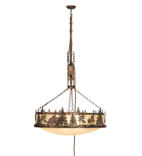 Meyda Lighting Lone Bear 36" 6-Light Dark Burnished Antique Copper Bartlett Inverted Pendant Light With Sahara Taupe Idalight Shade