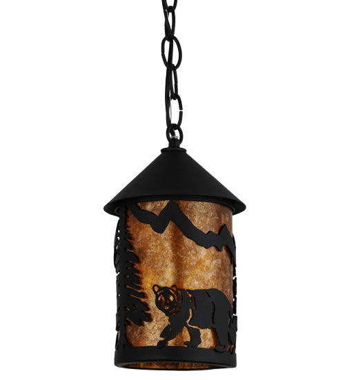 Meyda Lighting Lone Bear 6" Textured Black Northwoods Mini Pendant Light With Amber Mica Shade Glass