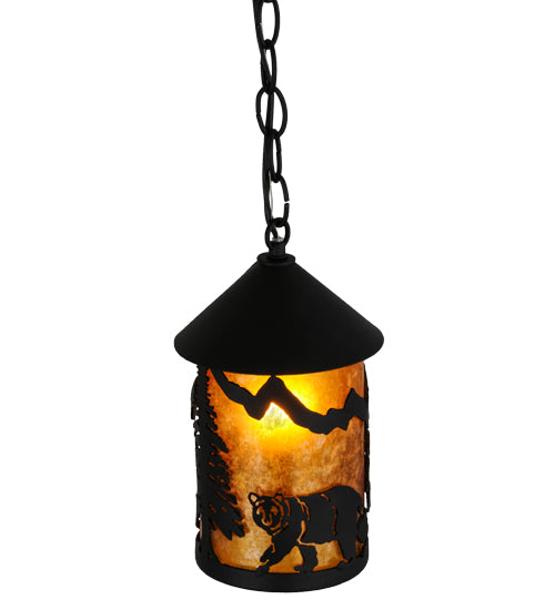 Meyda Lighting Lone Bear 6" Textured Black Northwoods Mini Pendant Light With Amber Mica Shade Glass