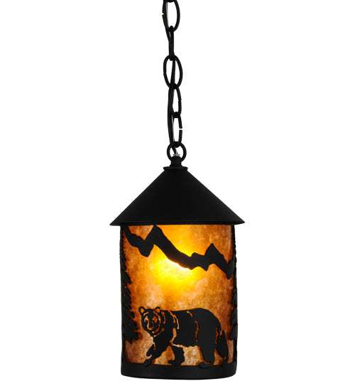 Meyda Lighting Lone Bear 6" Textured Black Northwoods Mini Pendant Light With Amber Mica Shade Glass