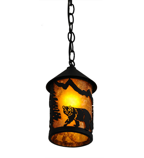 Meyda Lighting Lone Bear 6" Textured Black Northwoods Mini Pendant Light With Amber Mica Shade Glass
