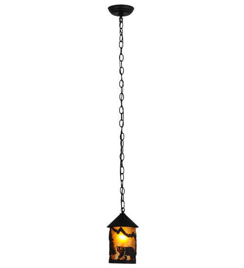 Meyda Lighting Lone Bear 6" Textured Black Northwoods Mini Pendant Light With Amber Mica Shade Glass