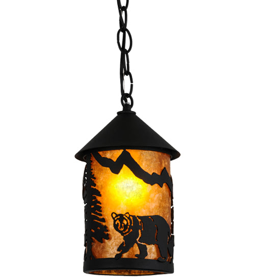 Meyda Lighting Lone Bear 6" Textured Black Northwoods Mini Pendant Light With Amber Mica Shade Glass