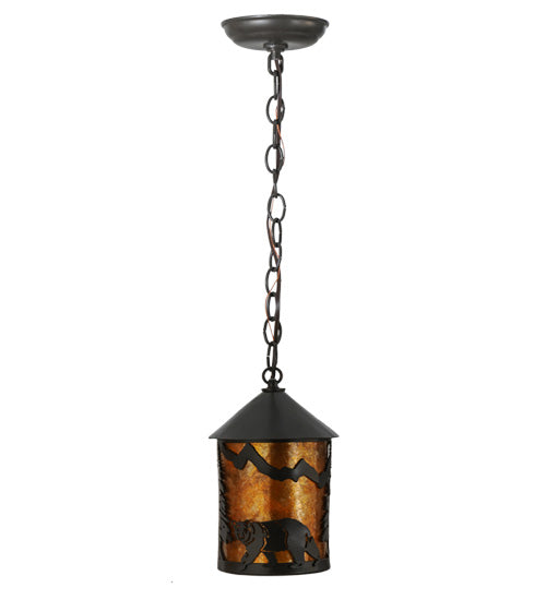 Meyda Lighting Lone Bear 6" Timeless Bronze Northwoods Mini Pendant Light With Amber Mica Shade Glass