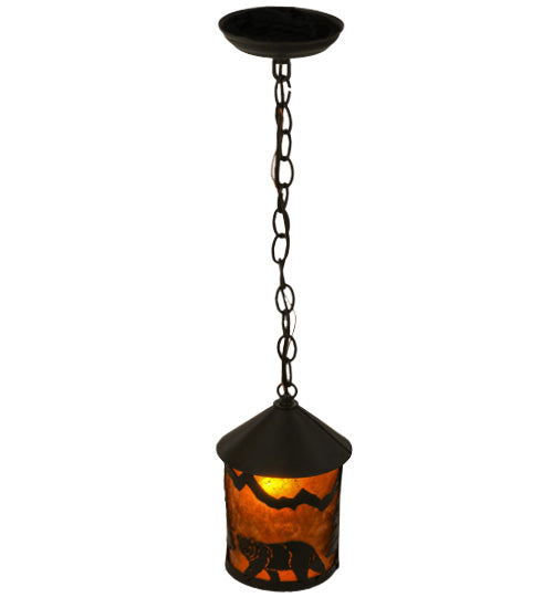 Meyda Lighting Lone Bear 6" Timeless Bronze Northwoods Mini Pendant Light With Amber Mica Shade Glass