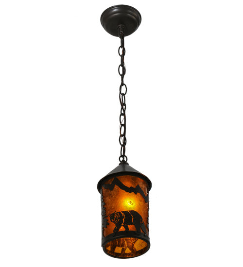 Meyda Lighting Lone Bear 6" Timeless Bronze Northwoods Mini Pendant Light With Amber Mica Shade Glass