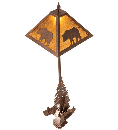 Meyda Lighting Lone Bear 77" 2-Light Rust Floor Lamp With Amber Mica Shade Glass and Lighted Base