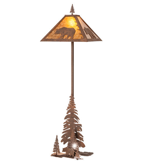 Meyda Lighting Lone Bear 77" 2-Light Rust Floor Lamp With Amber Mica Shade Glass and Lighted Base