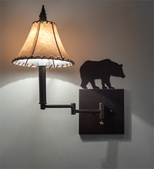 Meyda Lighting Lone Bear 8" Mahogany Bronze Wall Sconce With Brown Tan Faux Shade