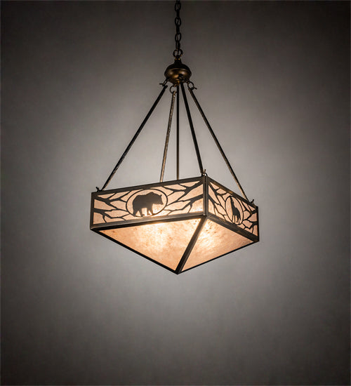 Meyda Lighting Lone Bear & Wolf 26" 3-Light Antique Copper Inverted Pendant Light With Silver Mica Shade Glass