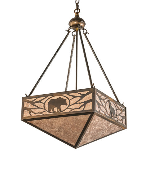 Meyda Lighting Lone Bear & Wolf 26" 3-Light Antique Copper Inverted Pendant Light With Silver Mica Shade Glass