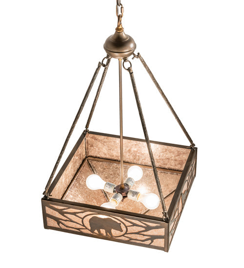 Meyda Lighting Lone Bear & Wolf 26" 3-Light Antique Copper Inverted Pendant Light With Silver Mica Shade Glass