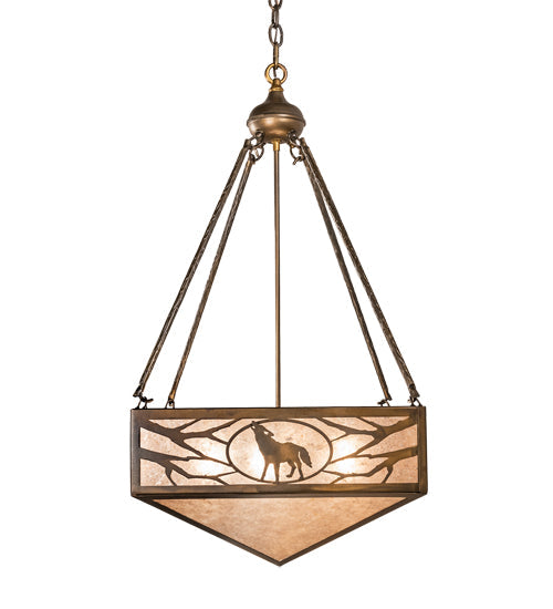 Meyda Lighting Lone Bear & Wolf 26" 3-Light Antique Copper Inverted Pendant Light With Silver Mica Shade Glass