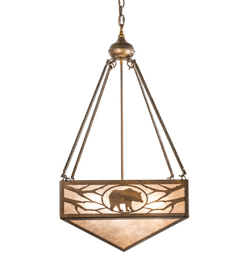 Meyda Lighting Lone Bear & Wolf 26" 3-Light Antique Copper Inverted Pendant Light With Silver Mica Shade Glass