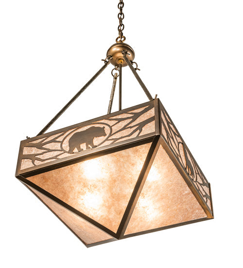 Meyda Lighting Lone Bear & Wolf 26" 3-Light Antique Copper Inverted Pendant Light With Silver Mica Shade Glass