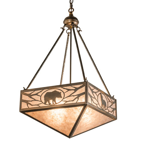 Meyda Lighting Lone Bear & Wolf 26" 3-Light Antique Copper Inverted Pendant Light With Silver Mica Shade Glass