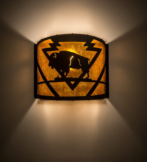 Meyda Lighting Lone Buffalo 11" Timeless Bronze Wall Sconce With Amber Mica Shade Glass