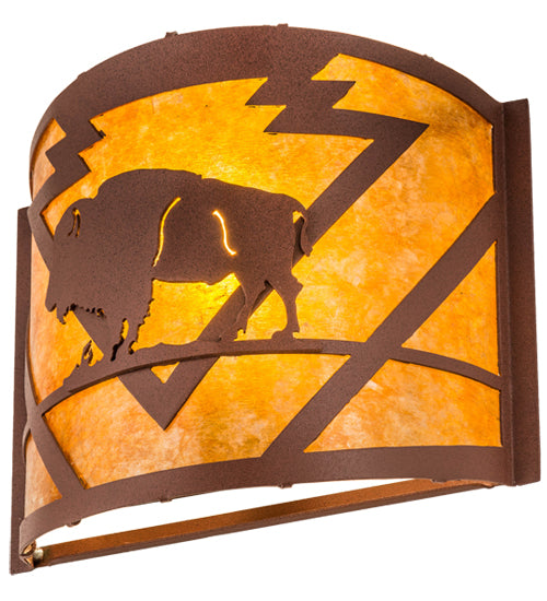 Meyda Lighting Lone Buffalo 12" Rust Wall Sconce With Amber Mica Shade Glass