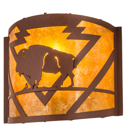 Meyda Lighting Lone Buffalo 12" Rust Wall Sconce With Amber Mica Shade Glass