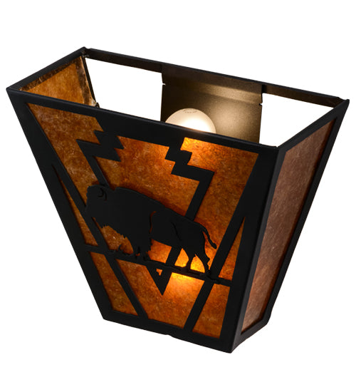 Meyda Lighting Lone Buffalo 13" 2-Light Textured Black Wall Sconce With Amber Mica Shade Glass