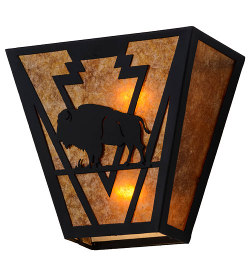 Meyda Lighting Lone Buffalo 13" 2-Light Textured Black Wall Sconce With Amber Mica Shade Glass