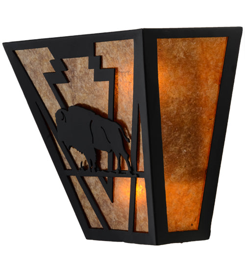 Meyda Lighting Lone Buffalo 13" 2-Light Textured Black Wall Sconce With Amber Mica Shade Glass