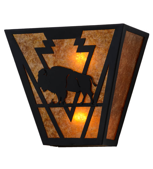 Meyda Lighting Lone Buffalo 13" 2-Light Textured Black Wall Sconce With Amber Mica Shade Glass