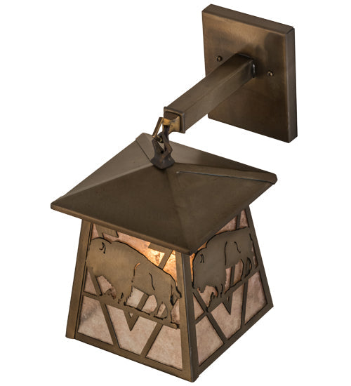 Meyda Lighting Lone Buffalo 7" Antique Copper Wall Sconce With Silver Mica Shade Glass