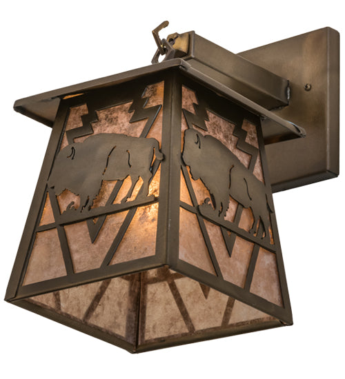 Meyda Lighting Lone Buffalo 7" Antique Copper Wall Sconce With Silver Mica Shade Glass