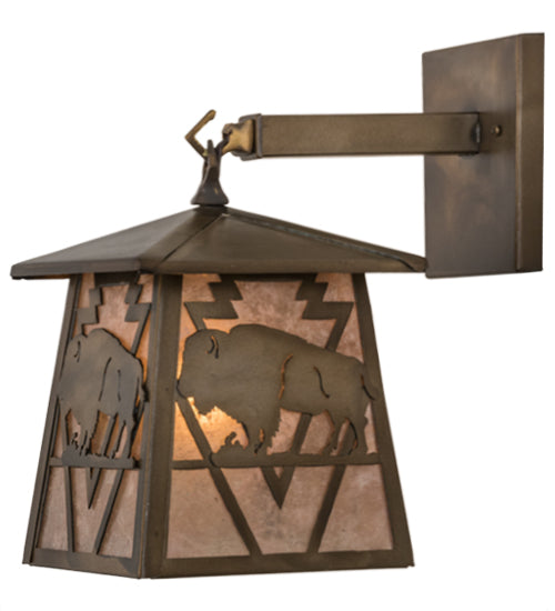 Meyda Lighting Lone Buffalo 7" Antique Copper Wall Sconce With Silver Mica Shade Glass