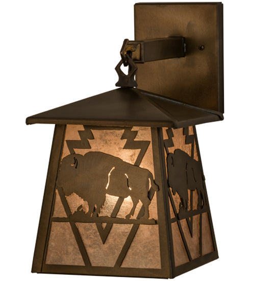 Meyda Lighting Lone Buffalo 7" Antique Copper Wall Sconce With Silver Mica Shade Glass