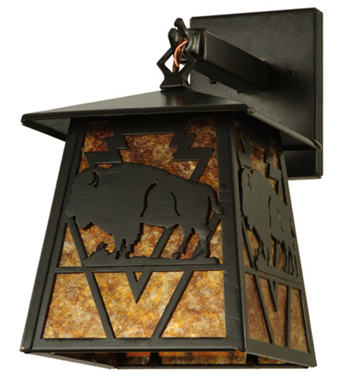 Meyda Lighting Lone Buffalo 7" Timeless Bronze Wall Sconce With Amber Mica Shade Glass