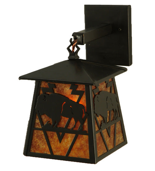 Meyda Lighting Lone Buffalo 7" Timeless Bronze Wall Sconce With Amber Mica Shade Glass