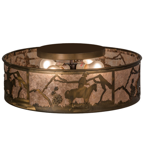 Meyda Lighting Lone Cowboy 22" 4-Light Antique Copper Flush Mount Light With Silver Mica Shade Glass