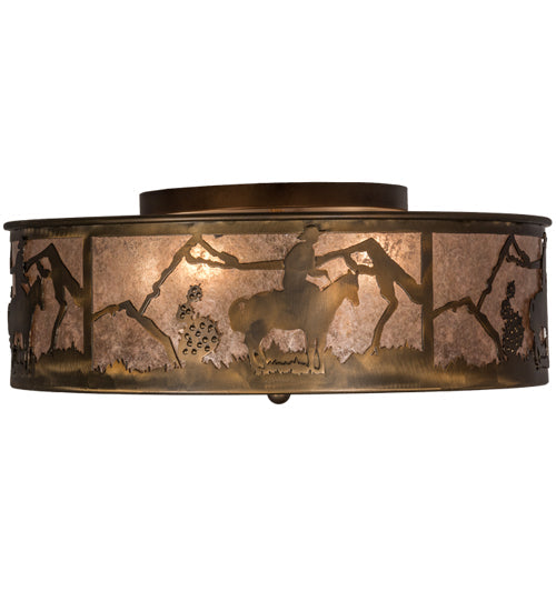 Meyda Lighting Lone Cowboy 22" 4-Light Antique Copper Flush Mount Light With Silver Mica Shade Glass