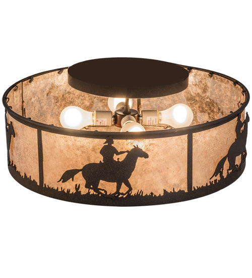Meyda Lighting Lone Cowboy 22" 4-Light Dark Roast Flush Mount Light With Silver Mica Shade Glass