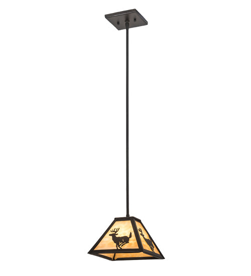 Meyda Lighting Lone Deer 12" Textured Black Mini Pendant Light With Beige Art Shade Glass