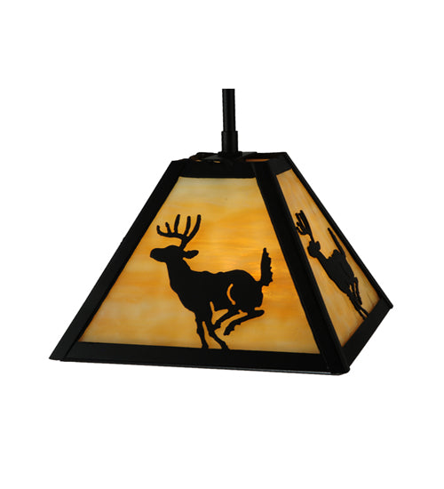 Meyda Lighting Lone Deer 12" Textured Black Mini Pendant Light With Beige Art Shade Glass