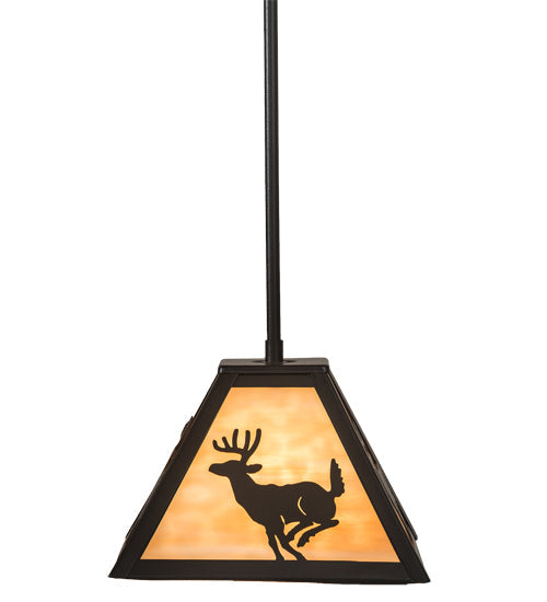 Meyda Lighting Lone Deer 12" Textured Black Mini Pendant Light With Beige Art Shade Glass
