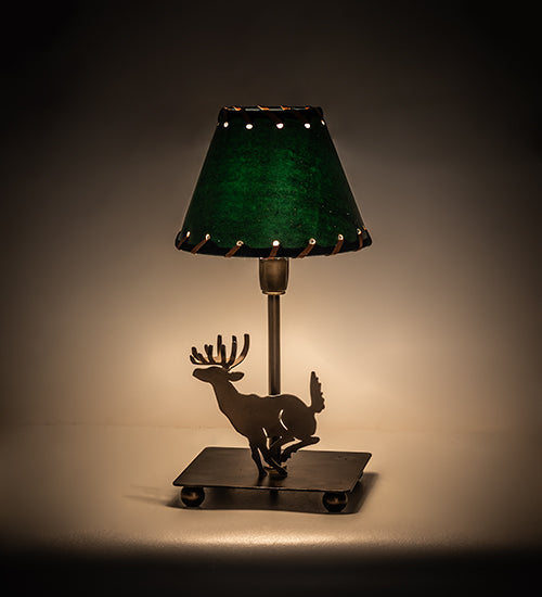 Meyda Lighting Lone Deer 13" Antique Copper Accent Table Lamp With Hunter Green Faux Leather Shade